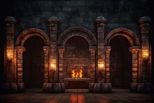 Ancient Architecture Stone Arches With Fire Flames	