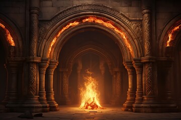 Wall Mural - Ancient architecture stone arches with fire flames	