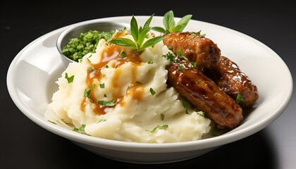 Sausages and fresh mash potato with gravy, bangers and mash 