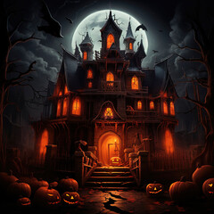 Halloween, sinister castle moonlit cloudy night, huge white moon illuminates the castle, lantern light, bats fly over the castle, orange pumpkins lie on the road to the castle, horror