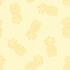 Wall Mural - Pineapples on yellow background. Line art vector illustration. Tropical fruits seamless pattern.