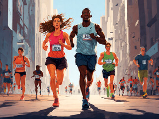 Illustration for a marathon, man and woman running