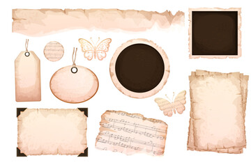 Wall Mural - set vintage labels with rope, photo frames pieces torn paper butterfly from sheets aged carton isola
