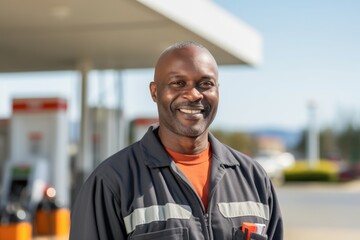 Wall Mural - Portrait of a smiling middle aged African American male gas station worker at the gas station