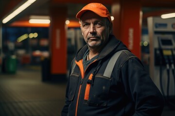 Wall Mural - Portrait of a middle aged Caucasian male gas station worker at the gas station