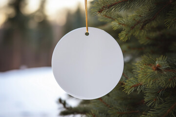 A white round ceramic Christmas ornament hangs from a green Christmas tree branch. Festive decoration for mockup. Winter landscape in the background.