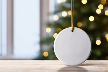 Wall Mural - A white round ceramic Christmas ornament for mockup. Green Christmas tree with lights in the room, blurred background.