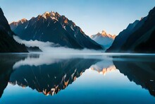 New Zealand, Westland District, Fox Glacier, Lake Matheson At Dawn With Mountains Shrouded In Fog In Background