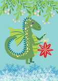 Fototapeta Dziecięca - Christmas card with cute green dragon. Year of the Dragon 2024, China