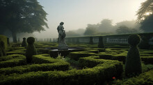 Formal English Garden, Meticulously Pruned Rose Bushes, Labyrinth Of Boxwood Hedges, Classical Stone Statues, Overcast Lighting