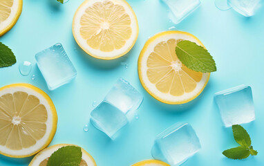 Lemon slices with mint leaves and ice cubes on blue background