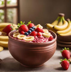 Smoothie Creamy Acai with Berries, Strawberries and Bananas, inside a bowl, over a wooden table