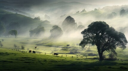 Wall Mural -  a foggy field with cows grazing in the distance and a tree in the foreground.  generative ai