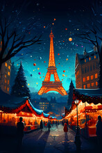 Illustration Of The City Of Paris At Christmas, France