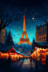 Illustration of the city of Paris at Christmas, France