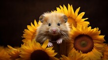 Closeup View Of Cute And Adorable Fluffy Hamster Nibbling On A Sunflower In Happy Mood, Lovely Zoomed Shot Of Animal.