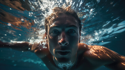 Sticker - Portrait of a man swimming and diving in a pool