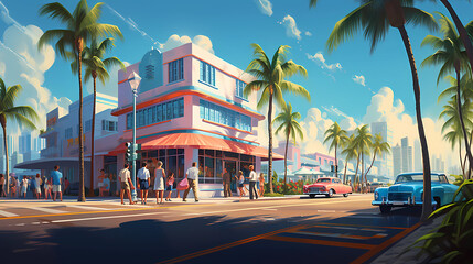 Wall Mural - Illustration of a sunny day in an American resort town