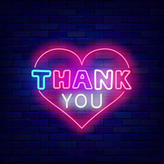 Wall Mural - Thank you neon lettering signboard. Heart frame. Greeting card with gratitude. Glowing banner. Vector stock illustration