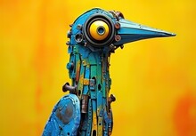 Model Bird Made Of Metal Pieces And Painted Blue On A Yellow Background. Unique Handmade Figurine. Illustration For Cover, Card, Postcard, Interior Design, Decor Or Print.