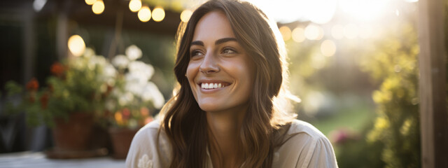 Poster - Joyful girl smiles in her back yard on a sunny day