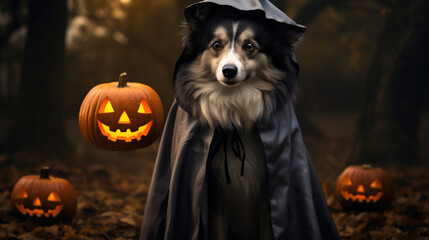 Wall Mural - Dog in Halloween costume in the woods surrounded by pumpkin lanterns.