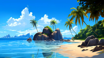 Wall Mural - Illustration of a beautiful tropical island with a beach and palm trees