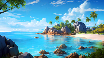 Wall Mural - Illustration of a beautiful tropical island with a beach and palm trees
