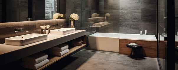 Modern minimalist bathroom with gray granite tiles and double vanities with mirrors.