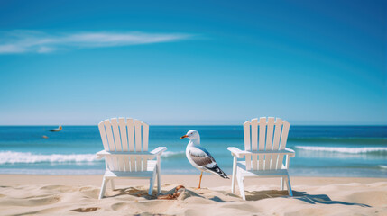 Wall Mural - Chair for relaxing while on vacation with the sea and sandy beach as a backdrop.