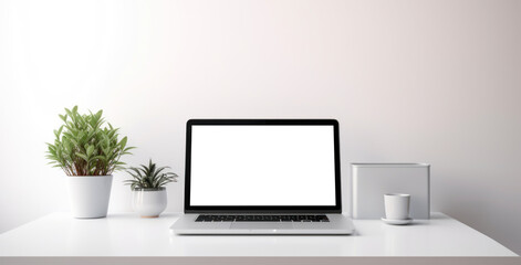 mockup image of laptop with blank transparent screen, on the table by the flowers and cup in a cozy office space environment furnishings. Ideal for website marketing and advertising