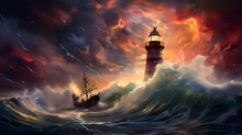 Illustration Of A Boat Sailing Towards The Lighthouse During A Storm