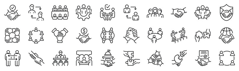 set of 30 outline icons related to partnership. linear icon collection. editable stroke. vector illu