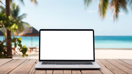 mockup image of laptop with blank transparent screen, on the table by the ocean and palm trees in a cozy tropical beach environment furnishings. Ideal for travel and remote work website marketing and 