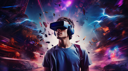 Young man with virtual reality headset or 3d glasses over abstract background