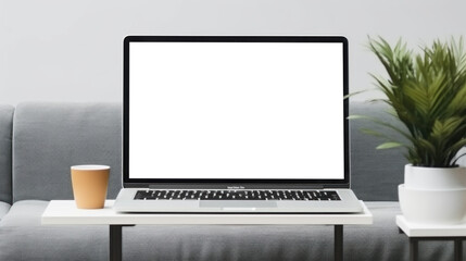 mockup image of laptop with blank transparent screen, on the table by the flower and sofa pillows in a cozy home living room environment furnishings. Ideal for website marketing and advertising
