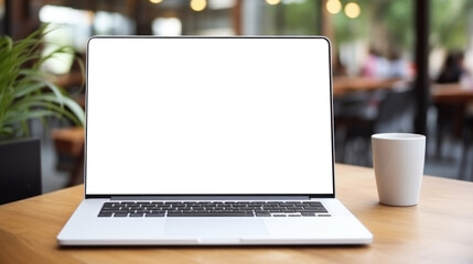 mockup image of laptop with blank transparent screen, on the table by the cup and flowers in a cozy cafe or snack bar environment. Ideal for website marketing and advertising