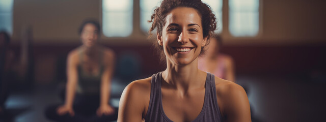 Wall Mural - Young woman practicing lotus asana in yoga studio while meditating and smiling