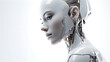 Abstract 3d rendered robot bot with face human expressions artificial intelligence technology in a white clean background