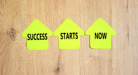 Wall Mural - Success starts now symbol. Concept word Success starts now on beautiful yellow paper house. Beautiful wooden table wooden background. Business motivational success starts now concept. Copy space.