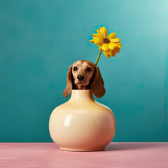 Wall Mural - A vase with a dachshund's head and a flower sticking out of it