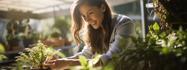 Canvas Print - Young woman is gardening by caring for plants in her home