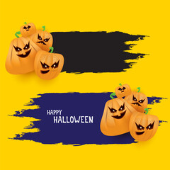 Wall Mural - Halloween web black grunge Banner or poster with Halloween scary pumpkins isolated on orange background . Funky kids Halloween orange banner with space for greeting text or sale