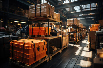 Canvas Print - A large warehouse with pallet racks, goods, a forklift, and cargo distribution is shown. Generative Ai.