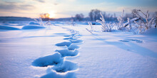 footprints in the freshly fallen snow, beautiful sunset light