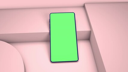 Poster - Mobile phone mockup video with green screen laying on geometric square blocks and shapes in light beige coloured background. 3d render animation