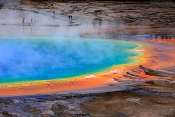 Wall Mural - Grand Prismatic Spring with Steam in Yellowstone National Park on Rainy Day with People on the Boardwalk