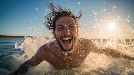 Wall Mural - Happy man enjoys a seaside vacation splashing water on the beach