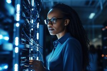 A Young African American Woman In A Server Room. Collection And Storage Of Large Amounts Of Data. Checks The Operation Of Servers And Automation.