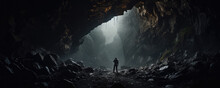 Explorer With A Headlamp Delving Deep Into A Dark And Mysterious Cave